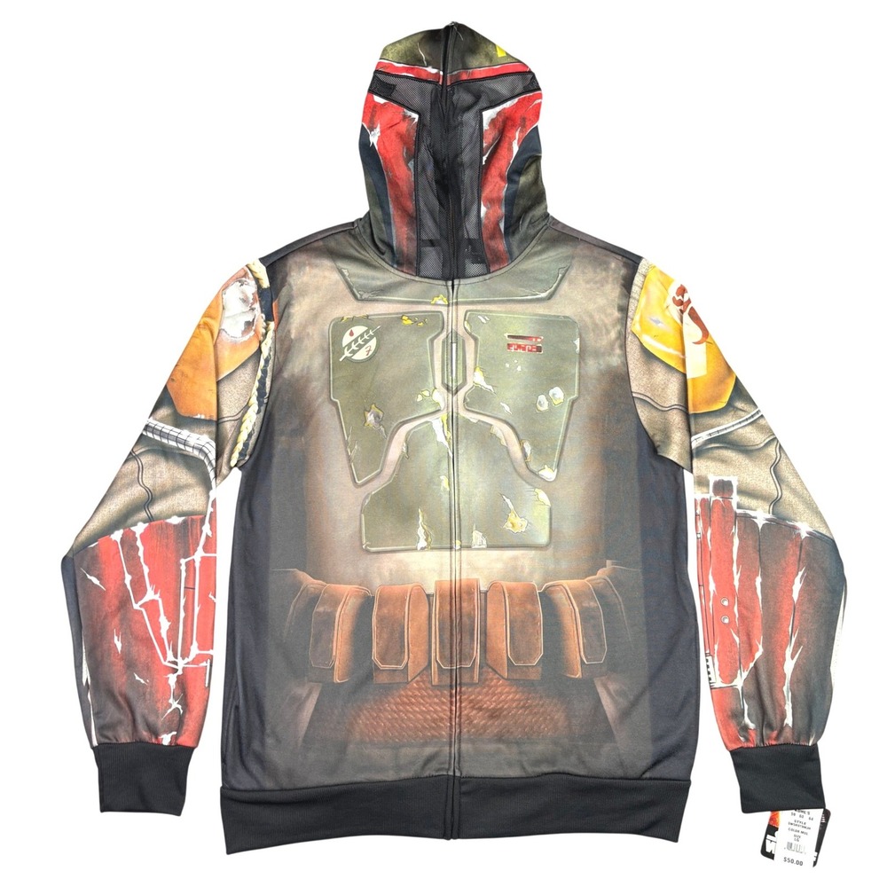 Star Wars Boba Fett All Over Print Costume Zip Hoodie Mesh Mask Mens Large NEW